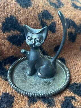 🐕3/20 Vintage Interpur Silver Plated Cat Ring Holder Trinket Dish